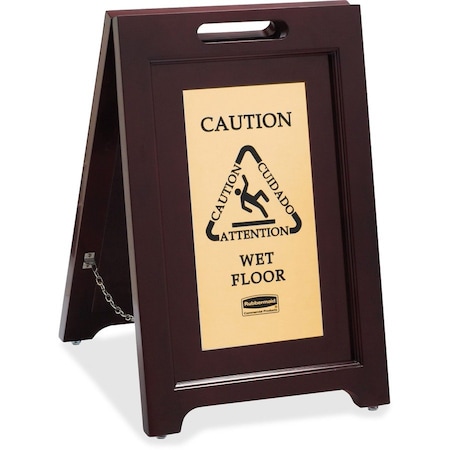 Rubbermaid Commercial Brass Plaque Wooden Caution Sign, 23.5" Height, 15" Width, Wood, Rectangular RCP1867507